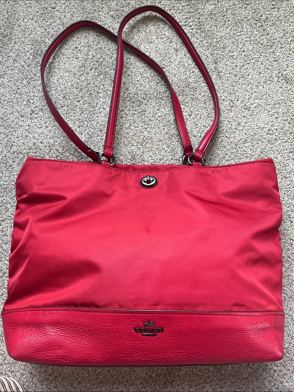 Coach Red Turnlock Nylon Tote with Leather Trim